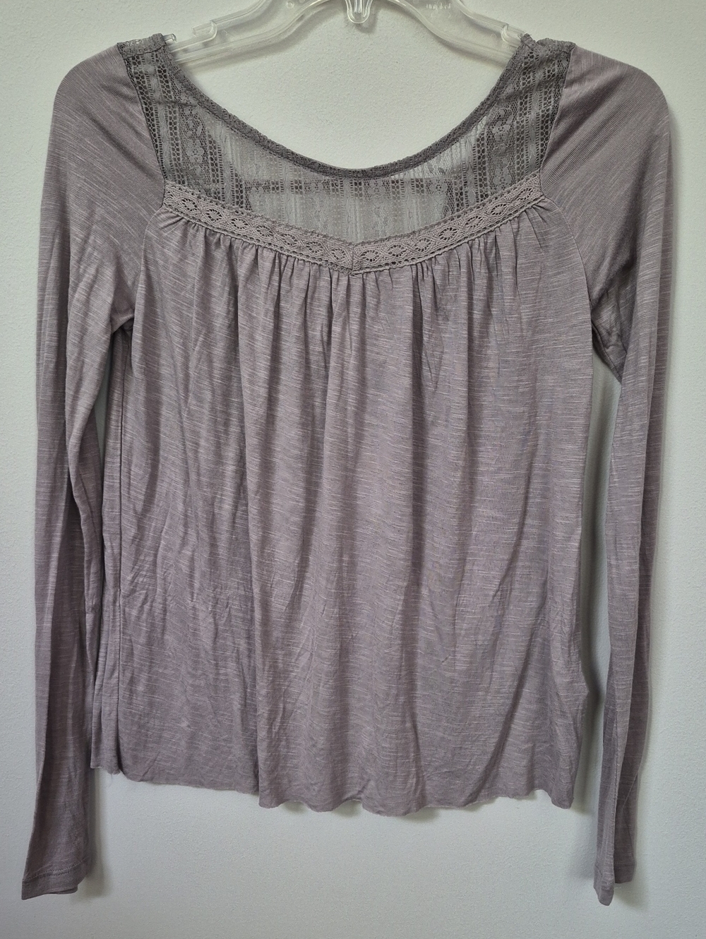 Y2K Mudd Sheer Lace Yoke L/S Knit Top Juniors XS Light Mauve Purple Keyhole Back